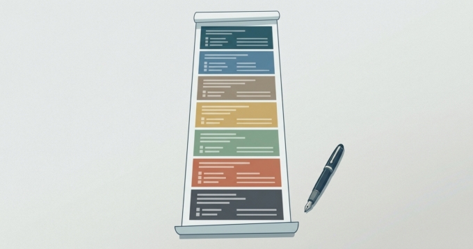 Les lignes d'un long questionnaire regroupées en huit bandes de couleur.