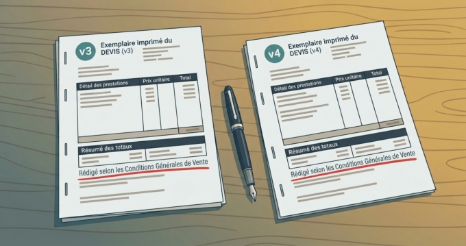 Deux versions imprimées d'un même devis posées côte à côte sur un bureau, un stylo-plume entre elles.