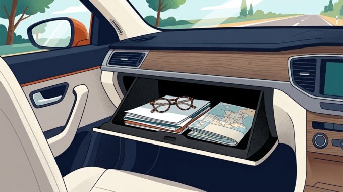 Boîte à gants ouverte contenant des documents rangés, vue depuis l'habitacle d'une voiture.