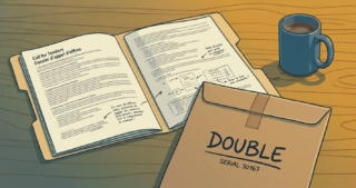 Une enveloppe scellée marquée Double, posée sur un bureau près
d'un dossier ouvert.